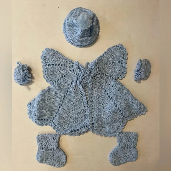 Crochet Light Blue 6-piece Set Baby Outfit Butterfly 3-9 Months NWOT - Picture 1 of 7